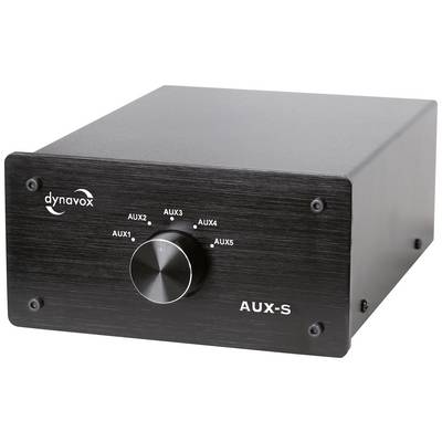 Commutateur audio noir Dynavox AUX-S avec cinq entrées AUX sur la façade. Bouton de commande principal au centre.