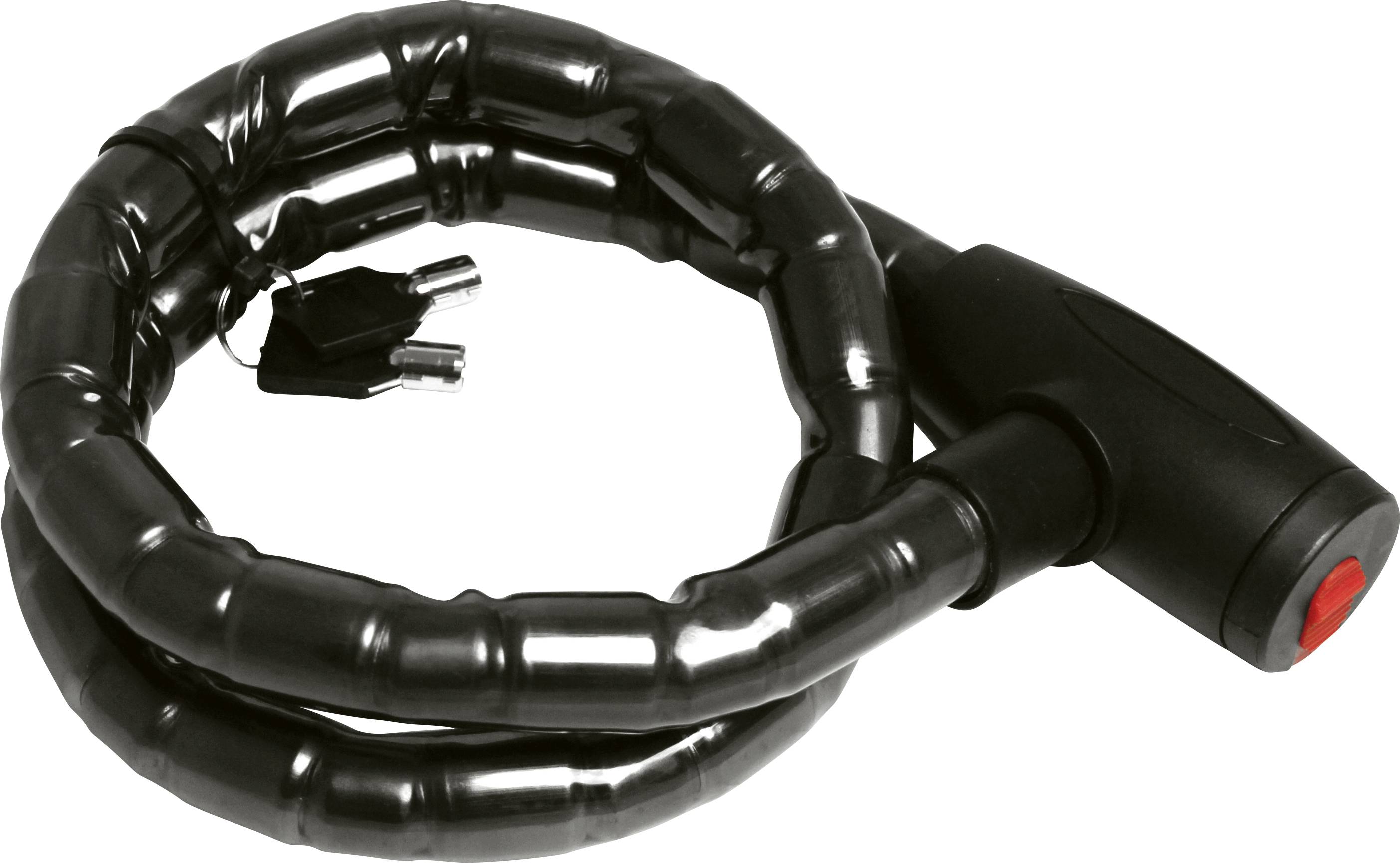 Antivol de vélo noir avec chaîne lourde et serrure à clé, deux clés attachées à un petit porte-clés noir.