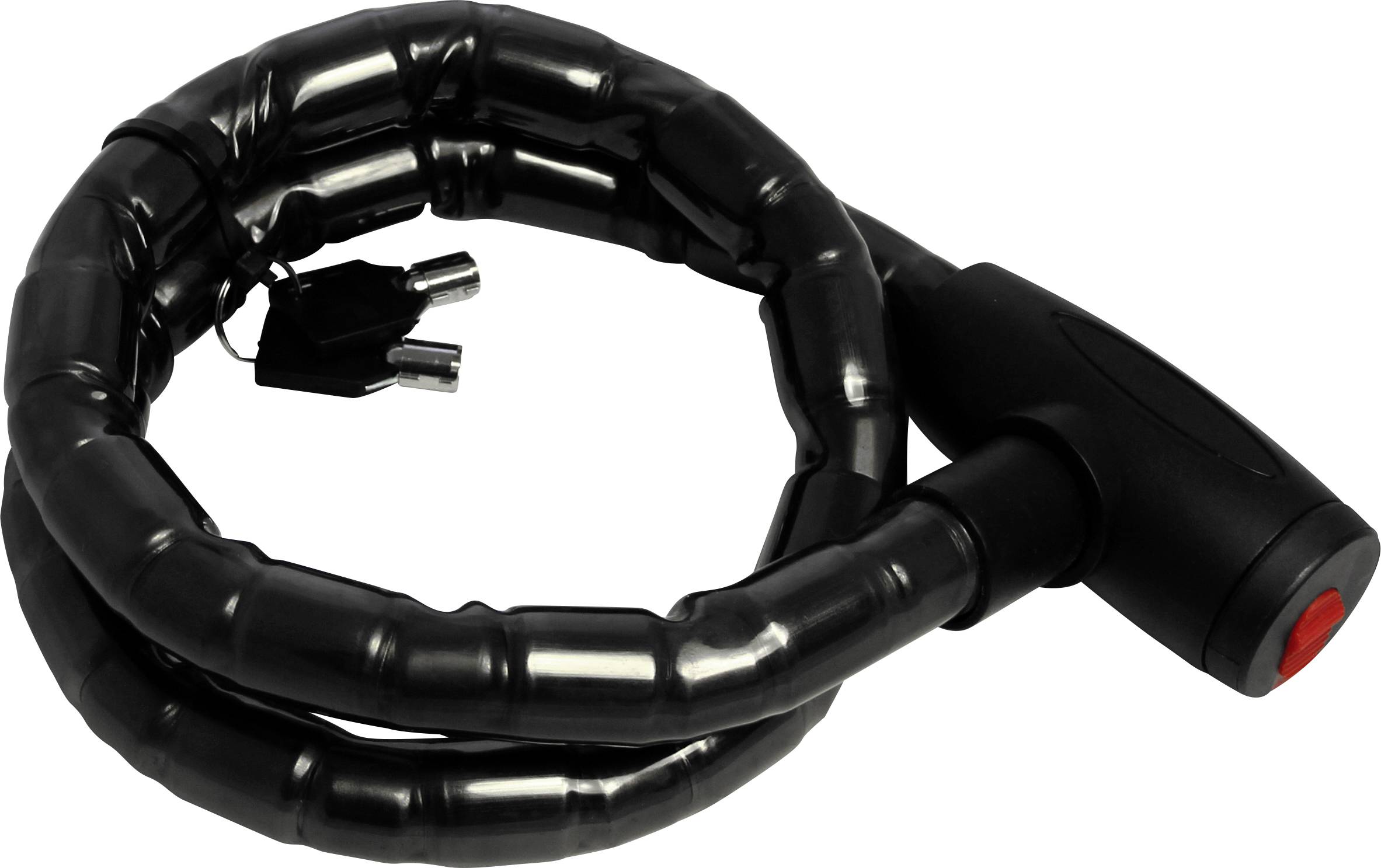 Cadenas à câble noir avec boîtier rond et deux clés. Idéal pour sécuriser les vélos ou objets similaires contre le vol.