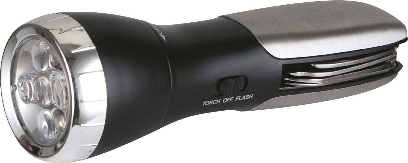 Une lampe de poche avec plusieurs lampes LED et un interrupteur pour différents modes : 'Lampe', 'Éteint', 'Flash'.