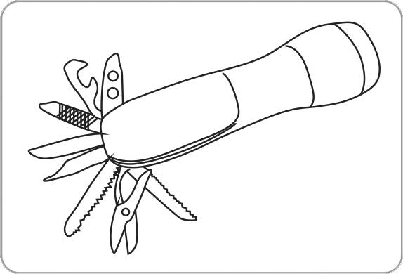 Un outil multifonction dessiné avec ses fonctions déployées : tournevis, ciseaux, lame de scie et décapsuleur.