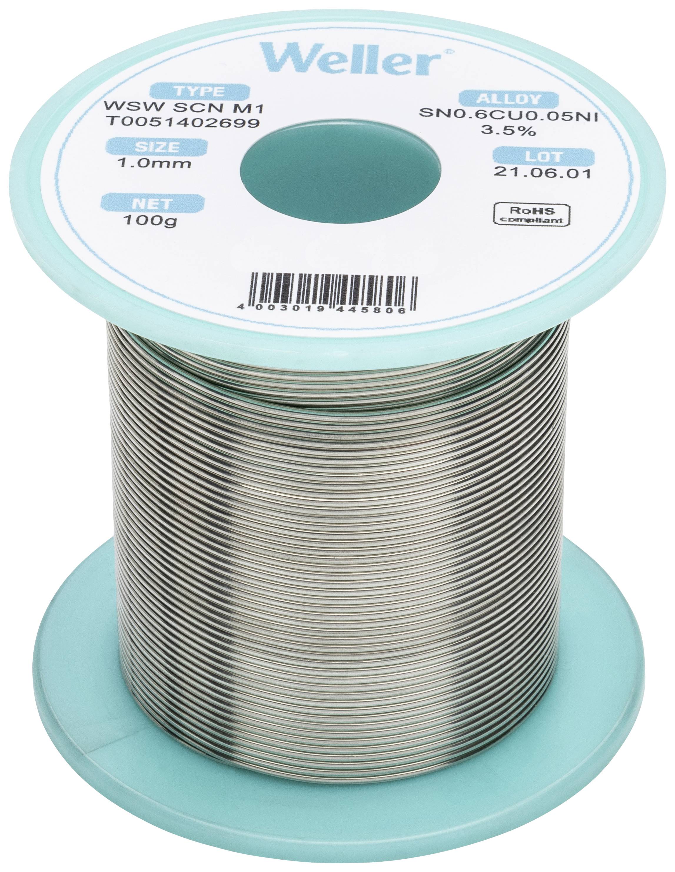 Un rouleau de soudure de la marque Weller, type WSW SGN M1, diamètre 1,0 mm, 100 g. Alliage Sn0,6Cu0,05Ni avec une date du 21.06.01.