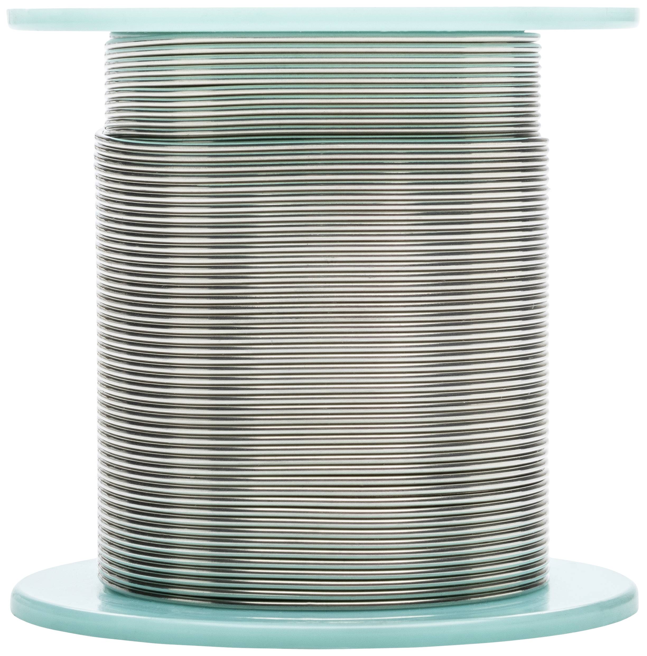 Un grand rouleau de fil d'argent, enroulé serré et soigneusement, est dressé verticalement sur un noyau de bobine en plastique bleu clair.