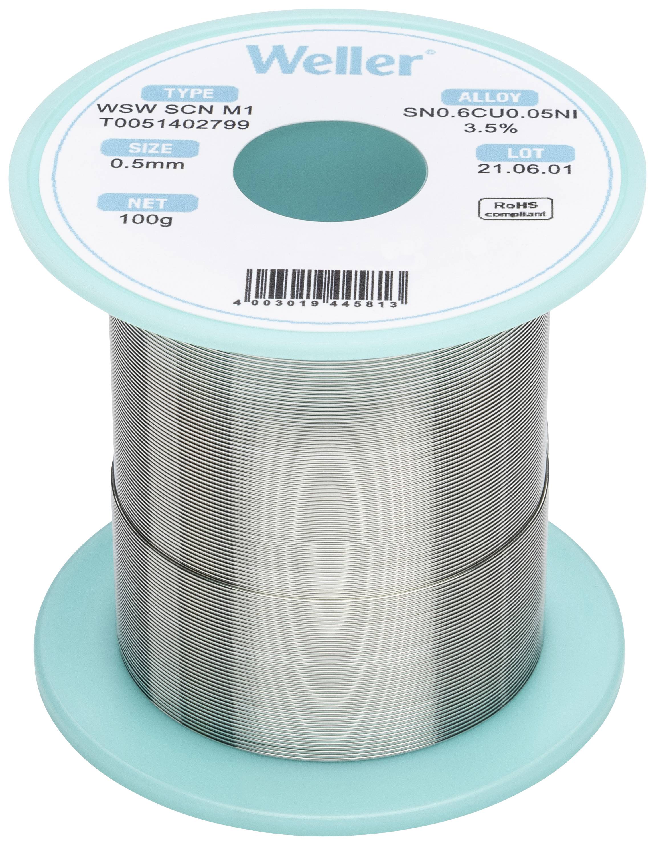 Un rouleau de soudure de la marque 'Weller', type WSW SCN M1, diamètre 0,5 mm, poids 100 g, alliage Sn0,6Cu0,05Ni, date de production 21.06.01.