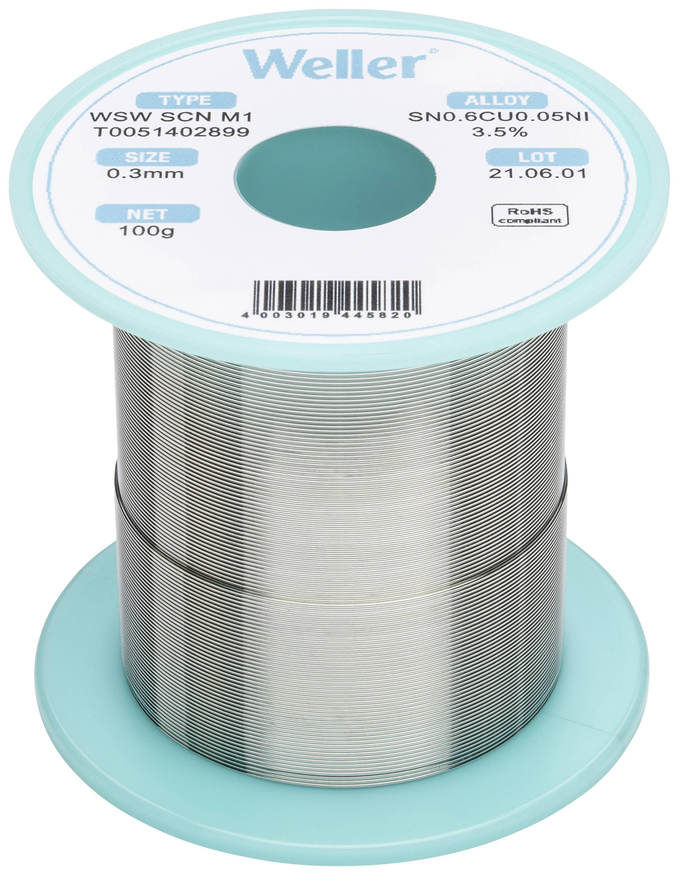 Bobine de soudure Weller, type WSW SCN M1, alliage SN0.6CU0.05NI, flux à 3,5%, diamètre 0,3 mm, poids 100 g, fabriquée le 21.06.01.