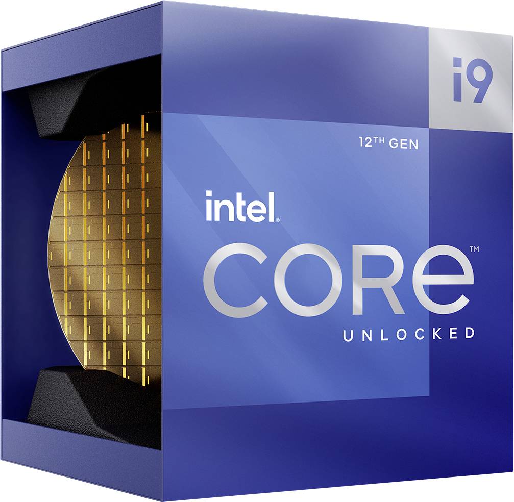 Emballage d'un processeur Intel Core i9 12e génération, bleu foncé avec une image du processeur en jaune. Texte : intel Core i9 DÉBLOQUÉ 12e GEN.
