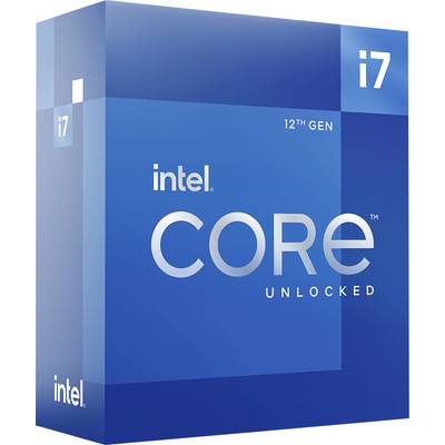 Conception d'emballage en carton bleu pour Intel Core i7, 12e génération, avec l'inscription 'Unlocked', soulignant les performances du processeur.