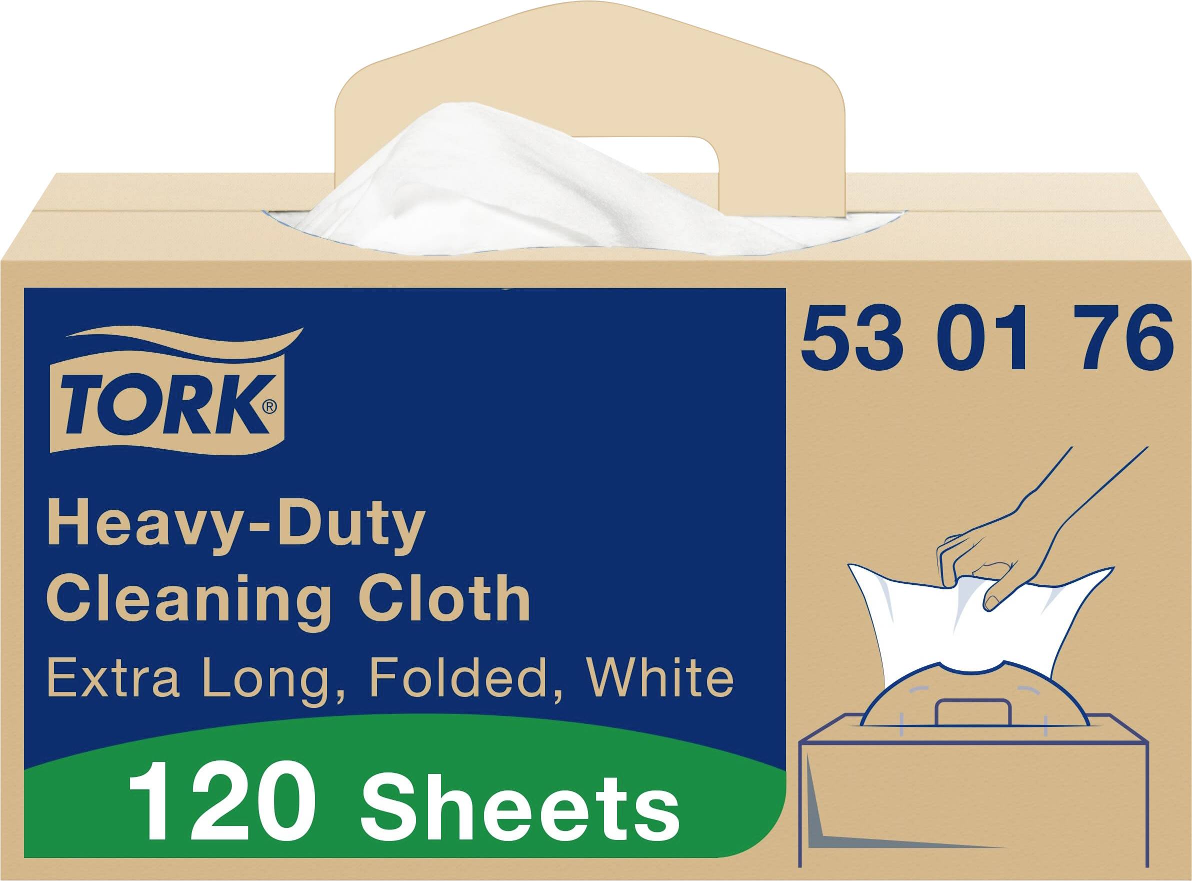 Emballage pour 'Tork Lingette de Nettoyage Haute Performance', 120 Lingettes, Extra-Longues, Pliées, Blanches, avec Image d'un Chiffon en Cours d'Extraction