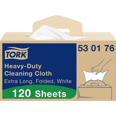 Emballage pour 'Tork Lingette de Nettoyage Haute Performance', 120 Lingettes, Extra-Longues, Pliées, Blanches, avec Image d'un Chiffon en Cours d'Extraction