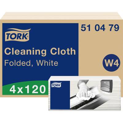 Emballage des lingettes de nettoyage Tork, blanches, pliables dans le système W4, 4 paquets de 120 lingettes chacun.