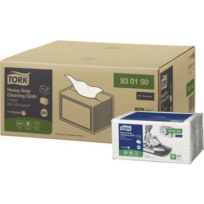 Lingette de nettoyage Tork à haute résistance, biodégradable, présentée en carton et en paquet. Idéale pour un nettoyage en profondeur.