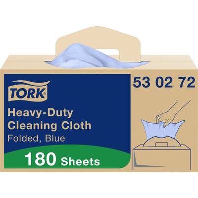 Un carton de 180 lingettes de nettoyage bleues, robustes, de la marque Tork. Une main tire une lingette du distributeur. Référence article 53 02 72.