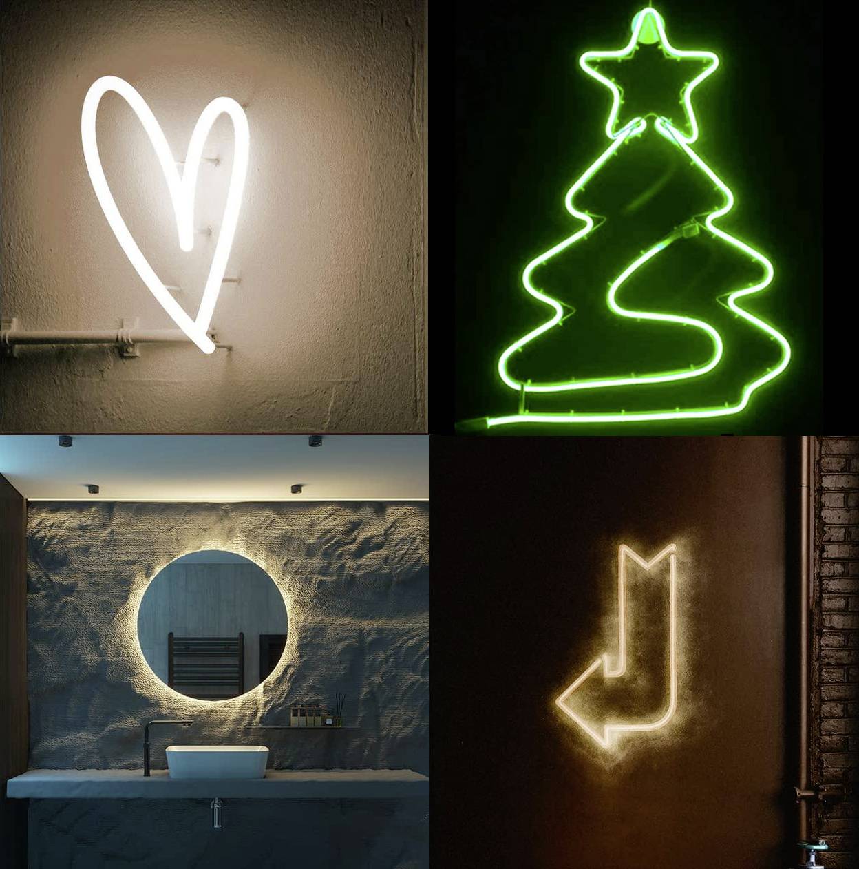 Quatre images : Un cœur lumineux au néon, un sapin de Noël vert au néon, un miroir éclairé dans une salle de bain, et une flèche au néon pointant vers le bas à gauche.