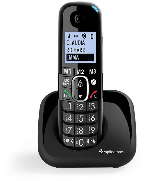 Amplicomms BigTel 1500 Combiné DECT fonction mains libres, compatible avec les appareils auditifs, recomposition automatique du numéro écran LED noir