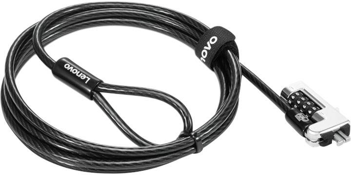 L'image montre un cadenas de sécurité noir à câble avec une combinaison, portant le logo Lenovo.