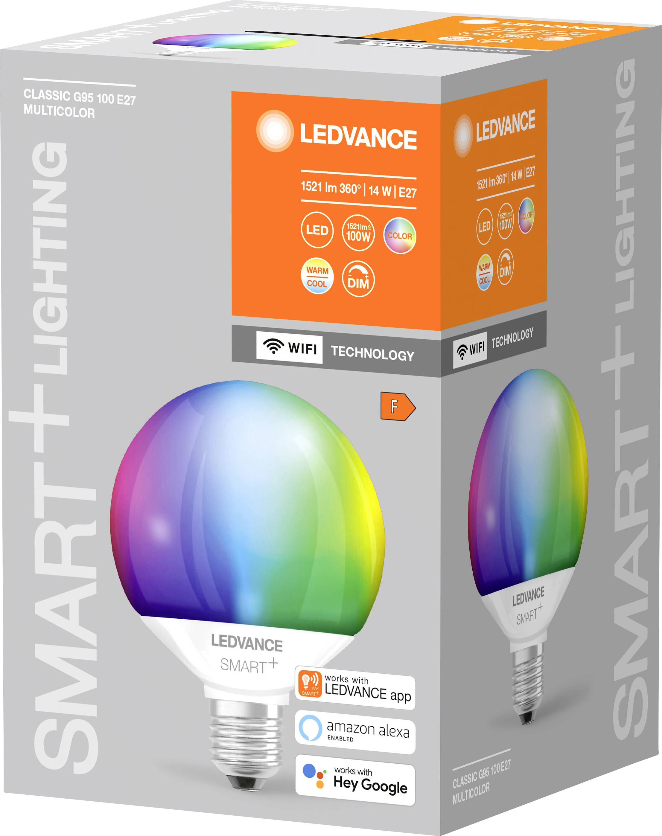 Emballage d'une lampe LED colorée de Ledvance, compatible avec les technologies Smart Home et contrôlée par application, 1521 lumens, douille E27.