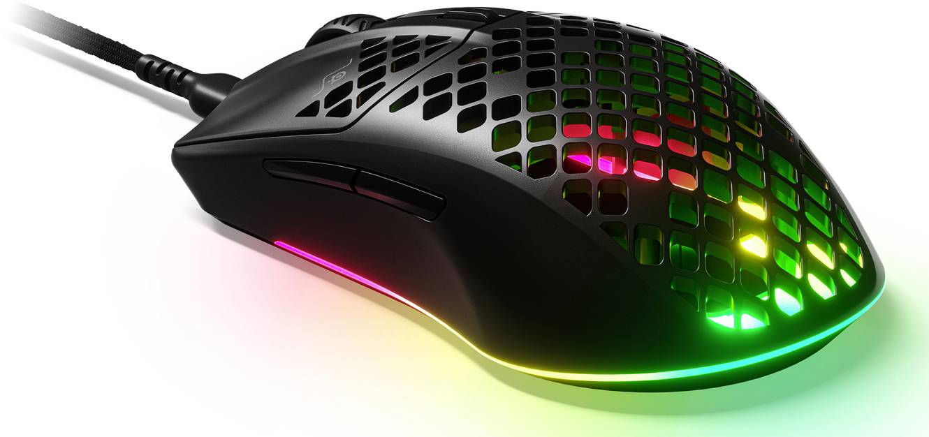 Souris d'ordinateur avec éclairage RVB et design en nid d'abeille. Effets lumineux multicolores sur le dessus et les côtés.