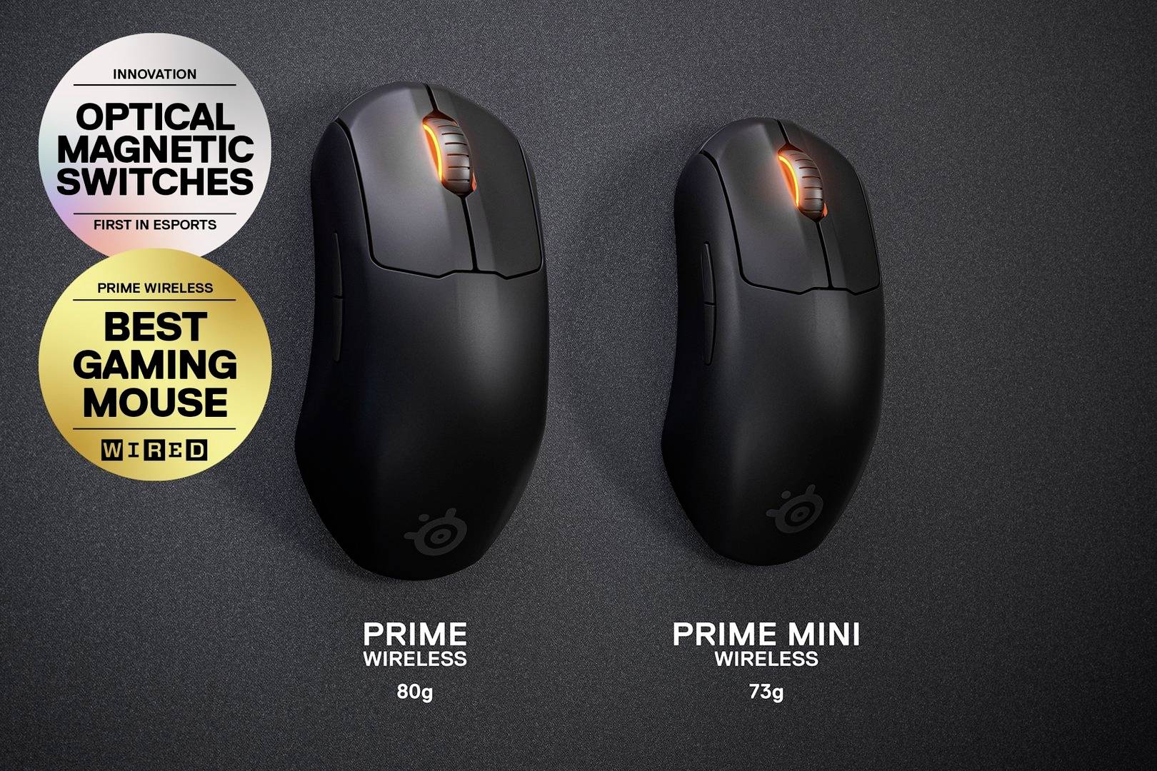 Deux souris gaming noires sur un fond gris. À gauche 'Prime Wireless', à droite 'Prime Mini'. Les étiquettes indiquent le poids et les distinctions.
