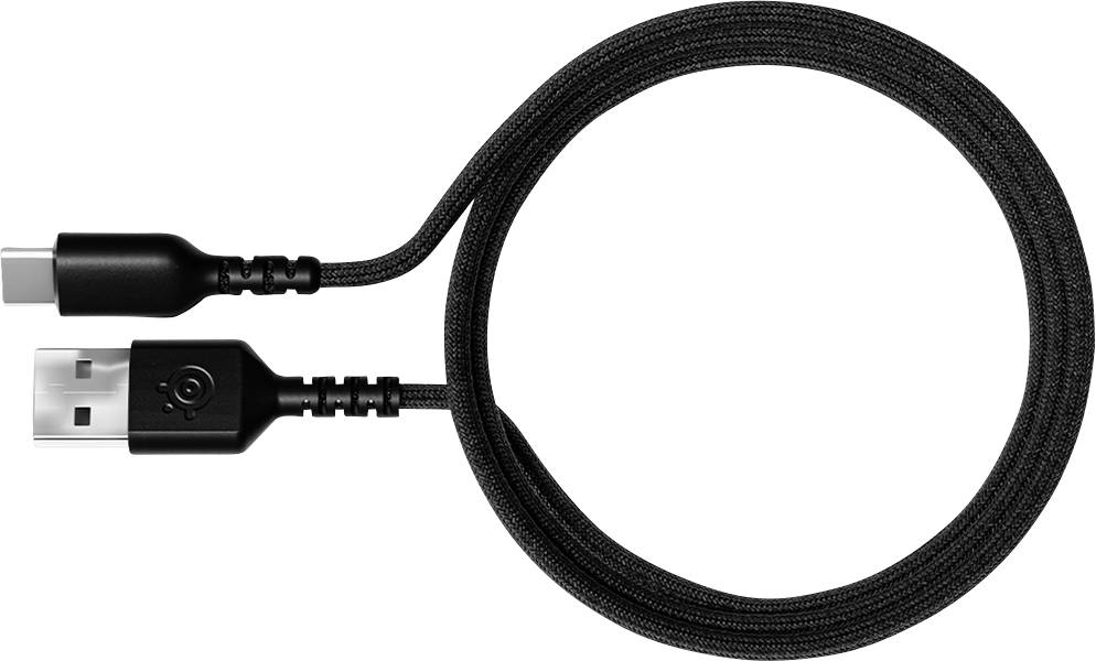 Un câble USB noir avec une fiche USB-A d'un côté et une fiche USB-C de l'autre côté.