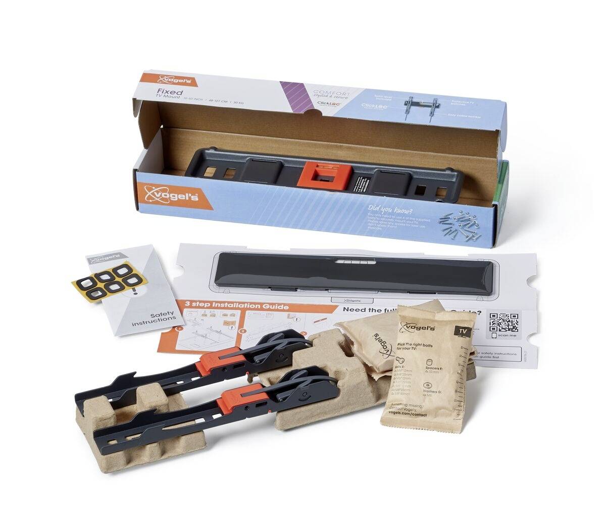 Kit de montage pour support mural de télévision de Vogel's. Comprend le support, les vis, le manuel d'installation et le gabarit de perçage dans un emballage ouvert.