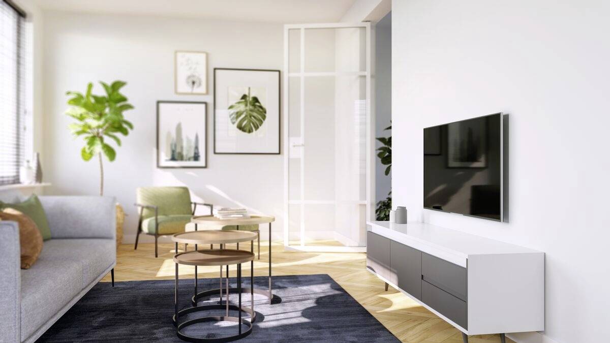 Salon lumineux avec un canapé gris, une table ronde, un fauteuil vert et une grande télévision sur un buffet blanc, décoré avec des plantes et des tableaux.