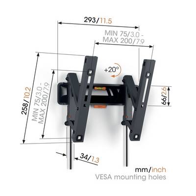 Support mural inclinable pour TV, compatible VESA, largeur : 293 mm, hauteur : 258 mm, saillie : 66 mm, inclinaison : +20°.
