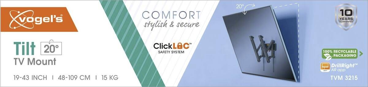 Support TV inclinable Vogel's Tilt TV Mount, 19-43 pouces, 48-109 cm, 15 kg. Comprend le système de sécurité ClickLoc et 10 ans de garantie.