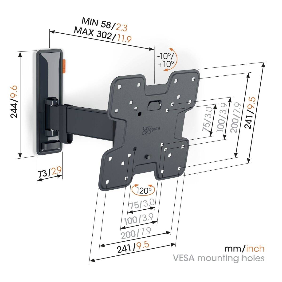 Support mural pour moniteur TV avec bras inclinable et pivotant. Compatible VESA (75/100/200 mm), avec dimensions et angles d'inclinaison indiqués.