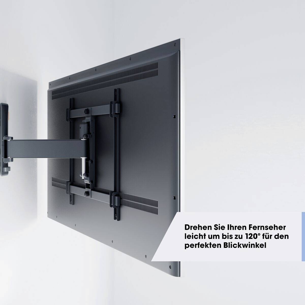 Téléviseur à écran plat sur support mural orientable permettant une rotation de 120 degrés. Texte : 'Tournez votre téléviseur en toute facilité'.