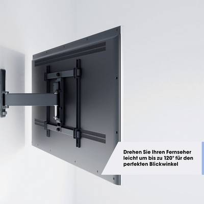 Téléviseur à écran plat sur support mural orientable permettant une rotation de 120 degrés. Texte : 'Tournez votre téléviseur en toute facilité'.