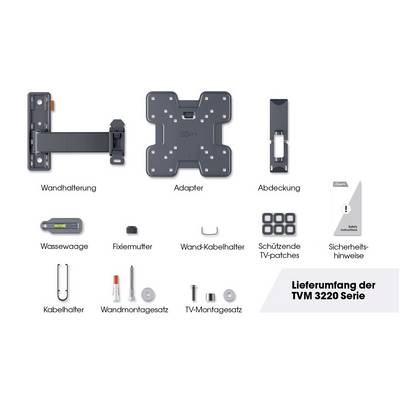 Accessoires de montage 'TVM 3220 Série' : Support mural, adaptateur, cache, niveau à bulle, écrou de fixation, attache-câbles, kits de montage.