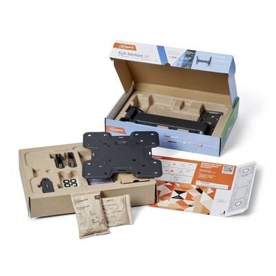 Support mural Vogels dans un carton ouvert avec ses pièces accessoires, son manuel de montage et son kit d'accessoires. Idéal pour les supports TV à mouvement total.