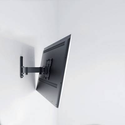 Un écran plat est monté latéralement sur un mur blanc. Le moniteur est placé dans un espace moderne et minimaliste.