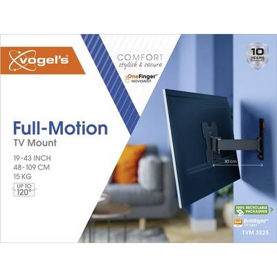 Support TV à mouvement intégral Vogel's, adapté pour les téléviseurs de 19 à 43 pouces, charge maximale de 15 kg. Orientable jusqu'à 120°. Garantie de 10 ans.