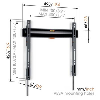 Image d'un support universel pour téléviseur compatible VESA. Dimensions et indications de taille, incluant une largeur de 493 mm.