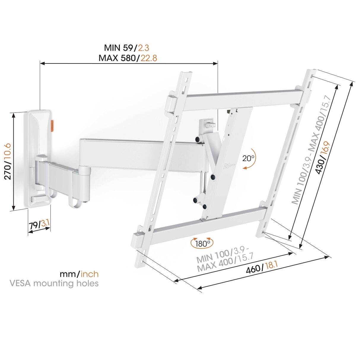 La figure représente un support mural pour téléviseur avec des bras réglables. Les dimensions sont indiquées : largeur entre 59 et 580 mm, hauteur de 100 à 400 mm. Inclinaison maximale de 20°, rotation de 180°.