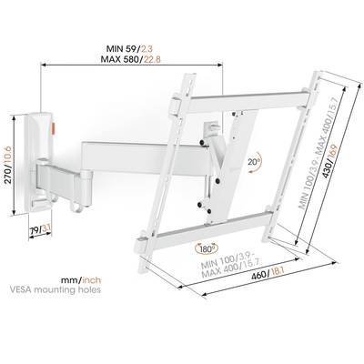 La figure représente un support mural pour téléviseur avec des bras réglables. Les dimensions sont indiquées : largeur entre 59 et 580 mm, hauteur de 100 à 400 mm. Inclinaison maximale de 20°, rotation de 180°.