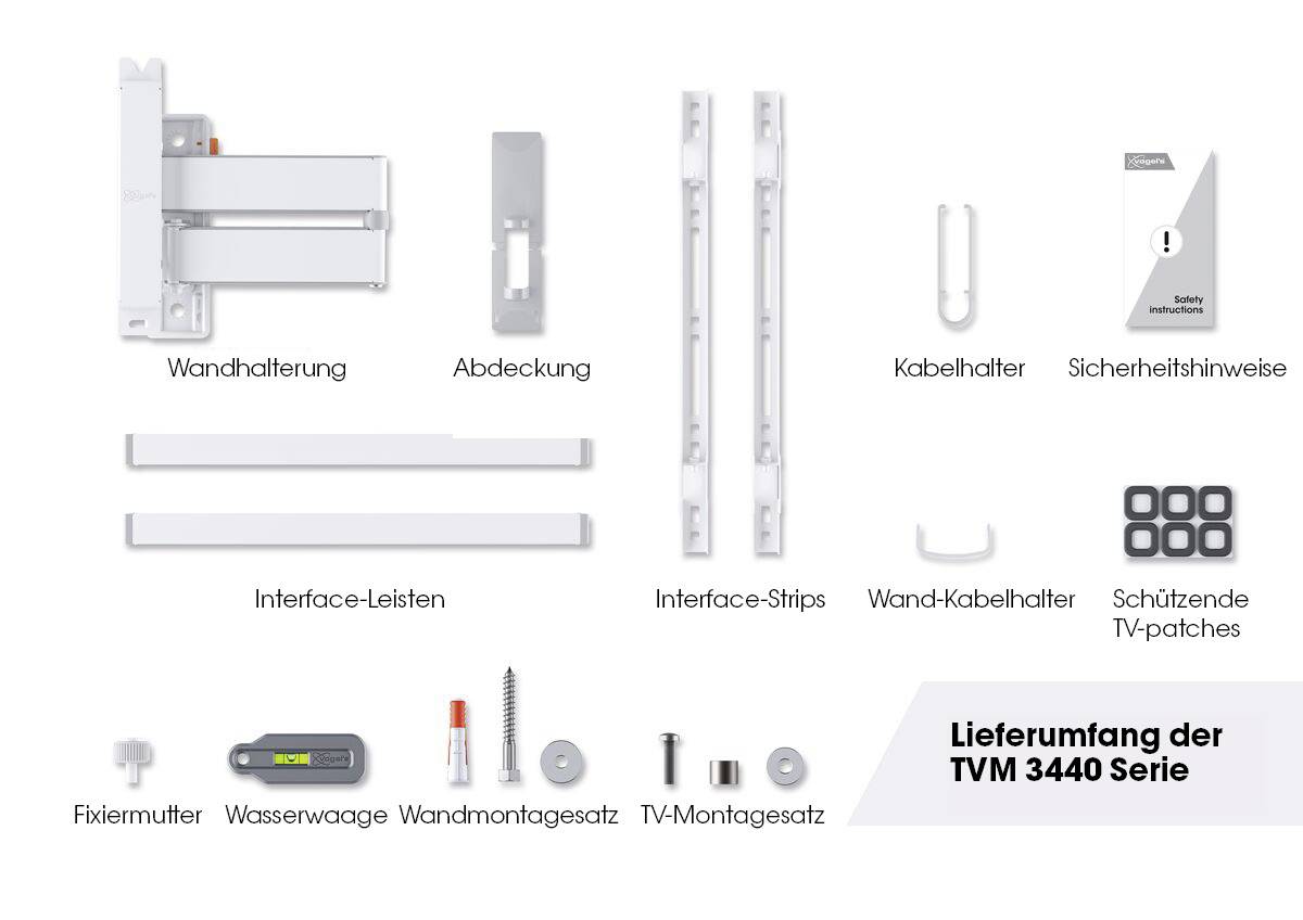 Contenu de la livraison de la série TVM 3440 : Support mural, cache, attache-câbles, consignes de sécurité, barrettes d'interface, support de câble mural, patchs TV, écrou de fixation, niveau à bulle, accessoires de montage.