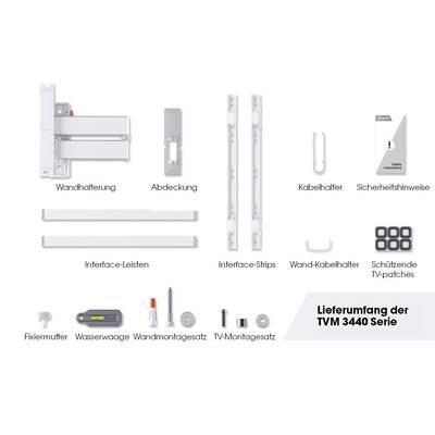 Contenu de la livraison de la série TVM 3440 : Support mural, cache, attache-câbles, consignes de sécurité, barrettes d'interface, support de câble mural, patchs TV, écrou de fixation, niveau à bulle, accessoires de montage.