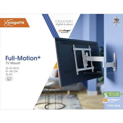 Support mural pour TV, inclinable jusqu'à 180 degrés, pour écrans de 32 à 65 pouces. Comprend le mouvement 'OneFinger', charge maximale : 25 kg.