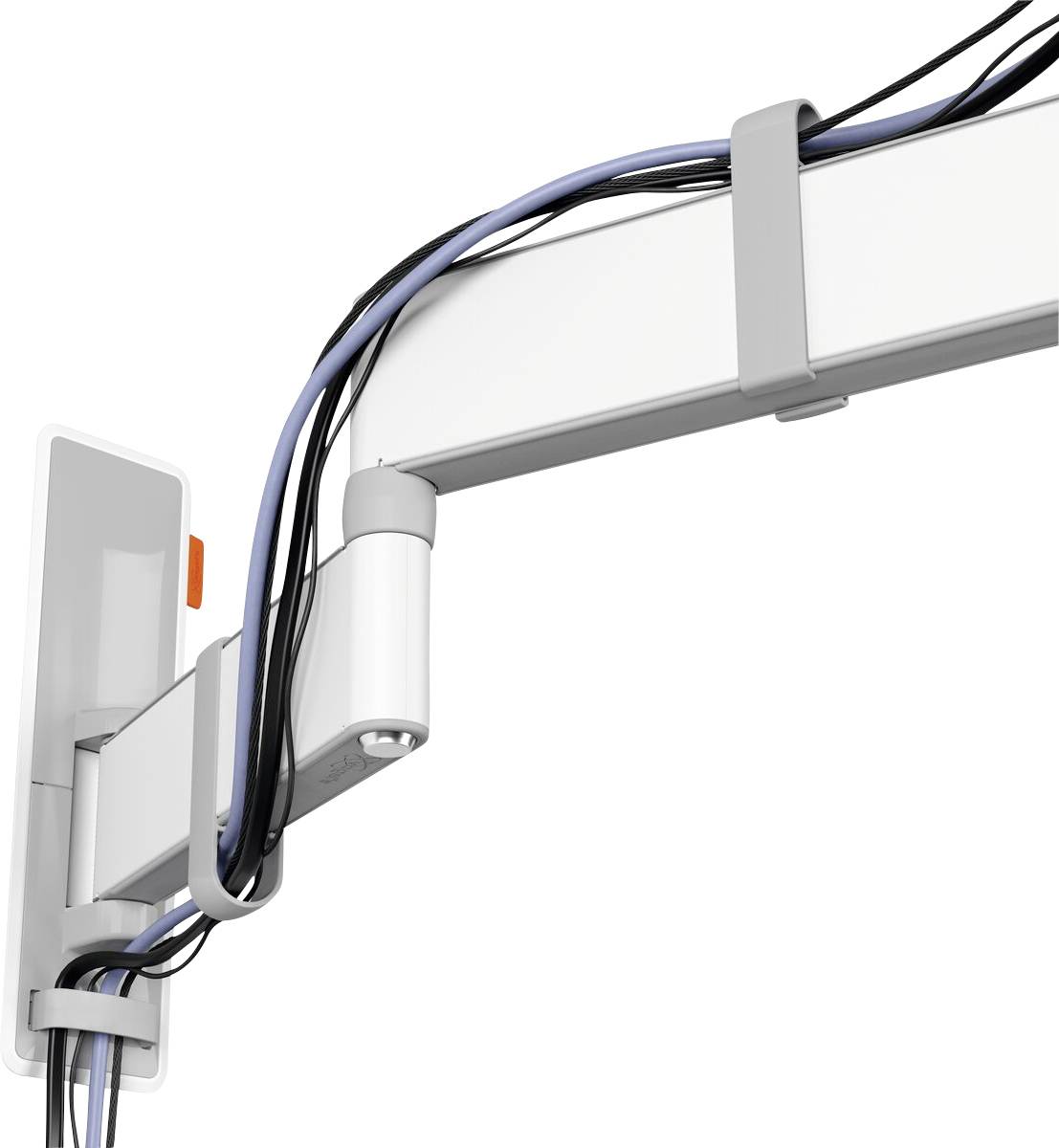 Système de gestion des câbles : Support blanc avec des câbles de différentes couleurs, soigneusement guidés le long d'un rail.