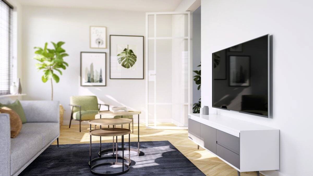 Salon spacieux au design moderne ; murs blancs, grandes plantes d'intérieur, canapé gris, téléviseur à écran plat, meubles en bois clair.