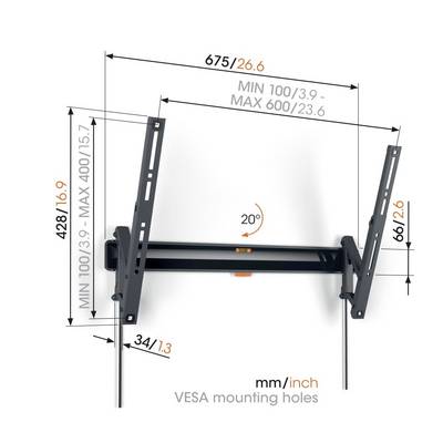 Support mural pour téléviseur, inclinable de 20 degrés, compatible VESA. Dimensions : largeur 675 mm, hauteur entre 100-400 mm.