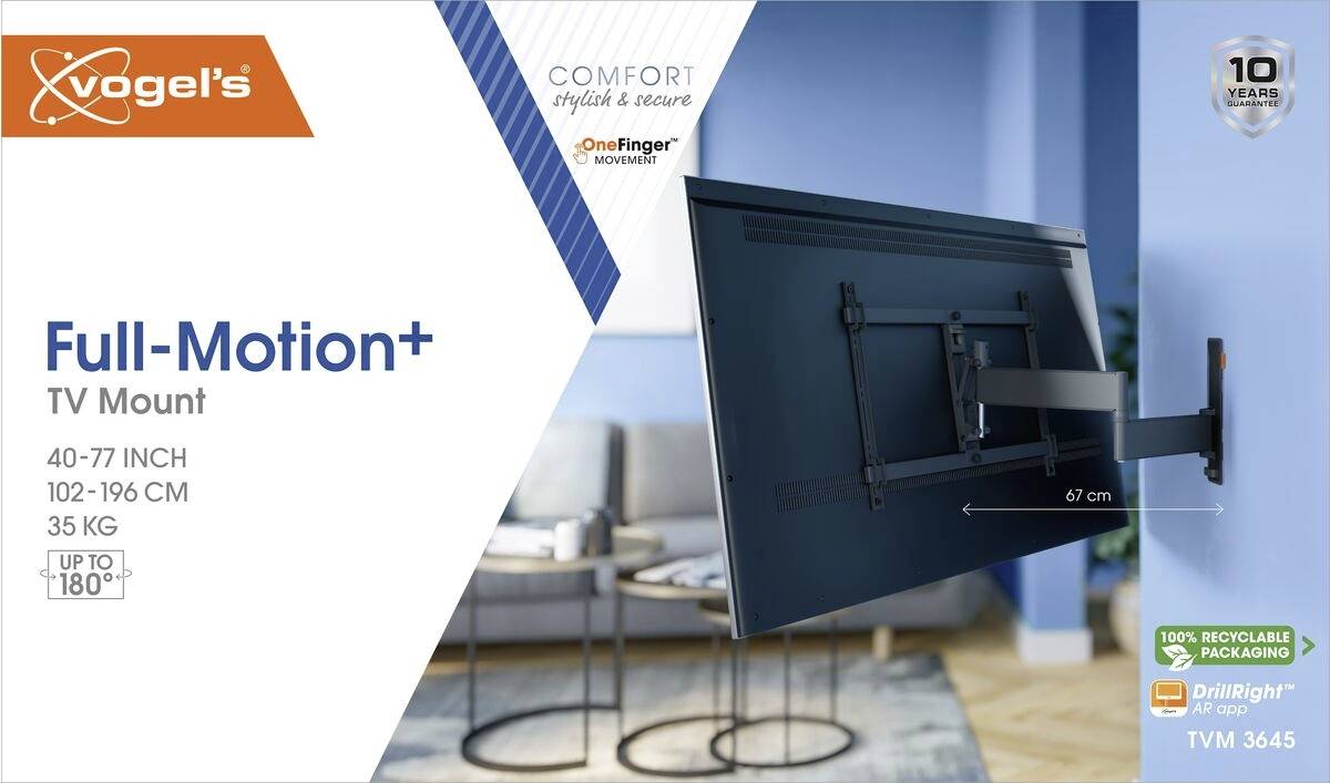 Support mural TV avec mobilité totale pour téléviseurs de 40 à 77 pouces. Charge maximale de 35 kg, inclinaison jusqu'à 180 degrés. Installé dans un espace de vie.