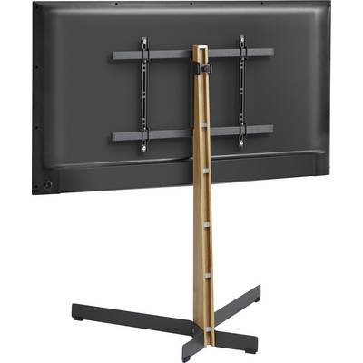 Support en bois avec support de téléviseur noir, vue arrière. Le support repose sur un socle stable en forme de croix.