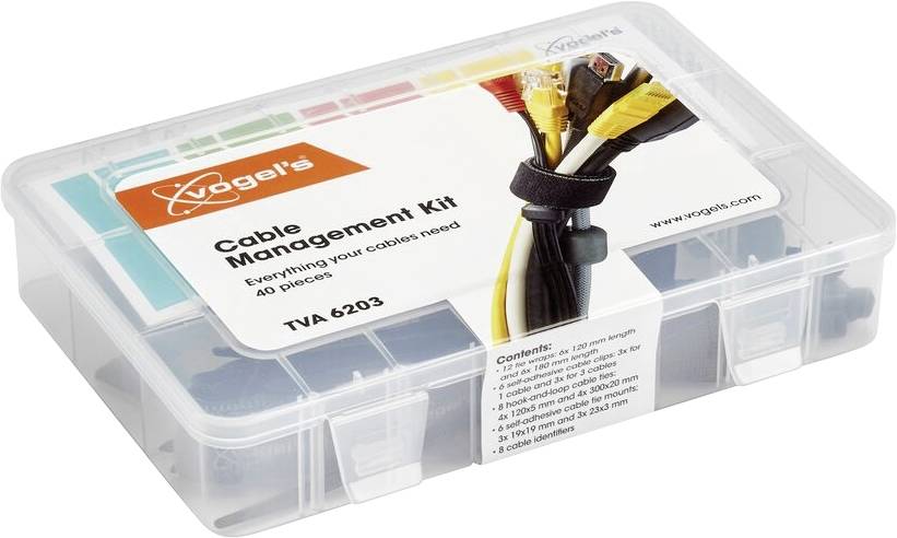 Un kit de gestion de câbles avec différents serre-câbles et clips de câble dans une boîte en plastique. Inscription : « Kit de gestion de câbles ».