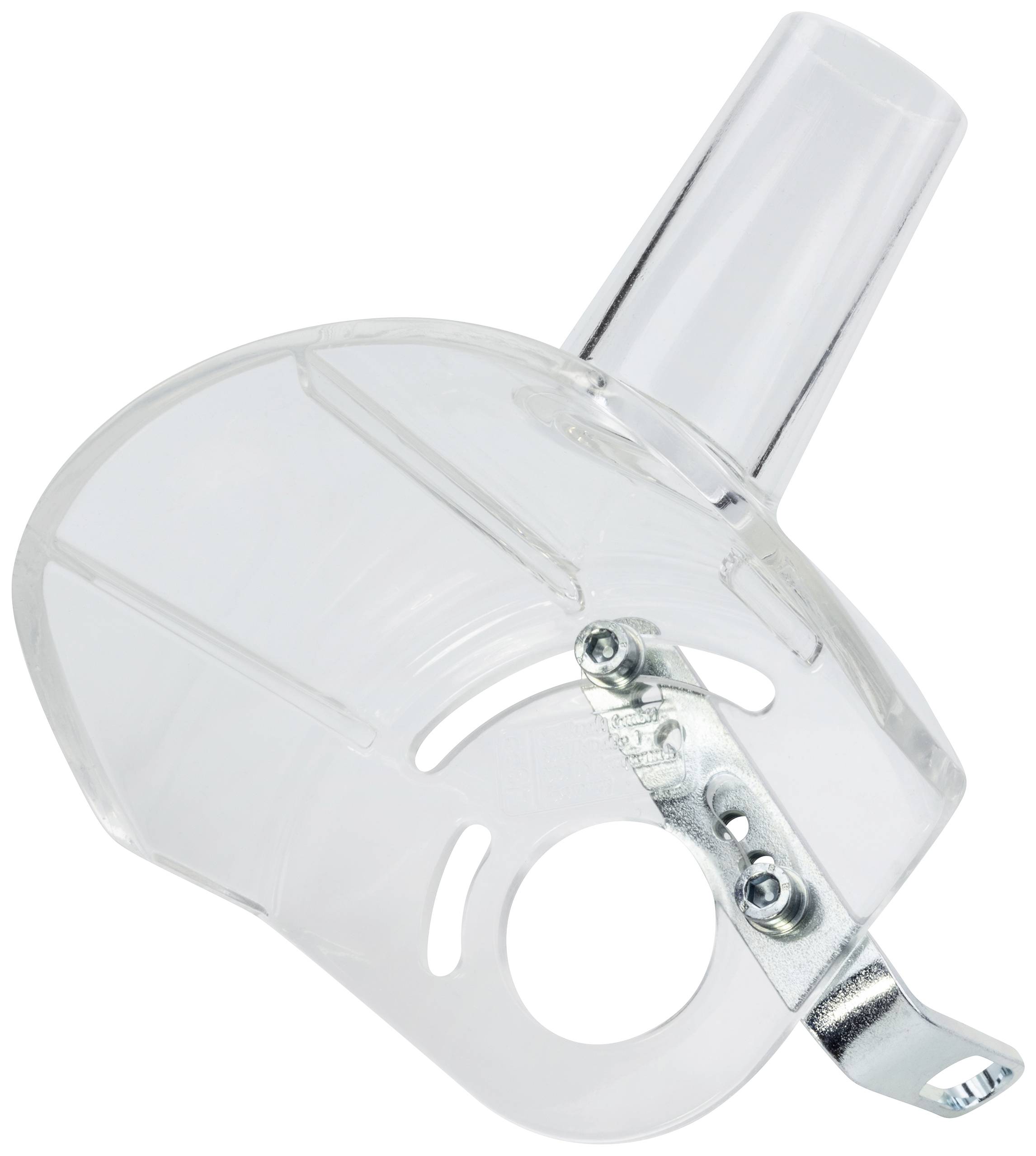 Dispositif de protection transparent en plastique avec pince métallique, utilisé pour la sécurité des outils électriques.