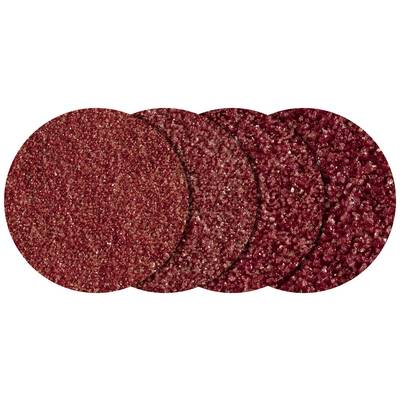 Quatre disques abrasifs rouge-brun présentant différentes granulométries, allant de fin à grossier.