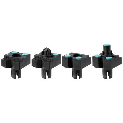 Quatre composants en plastique noir de forme cubique, chacun équipé de deux touches turquoises sur le dessus. Chaque composant possède des embouts différents.