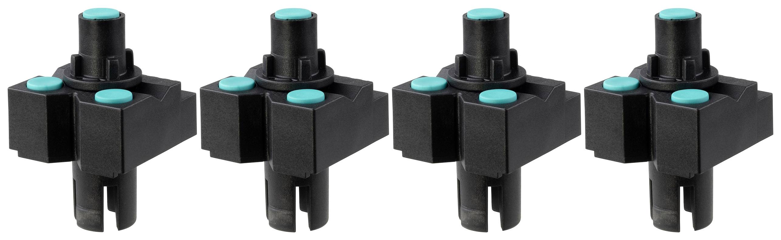 Quatre capteurs en plastique noir identiques avec des boutons verts, alignés en ligne. Ils sont de forme carrée avec un sommet cylindrique.